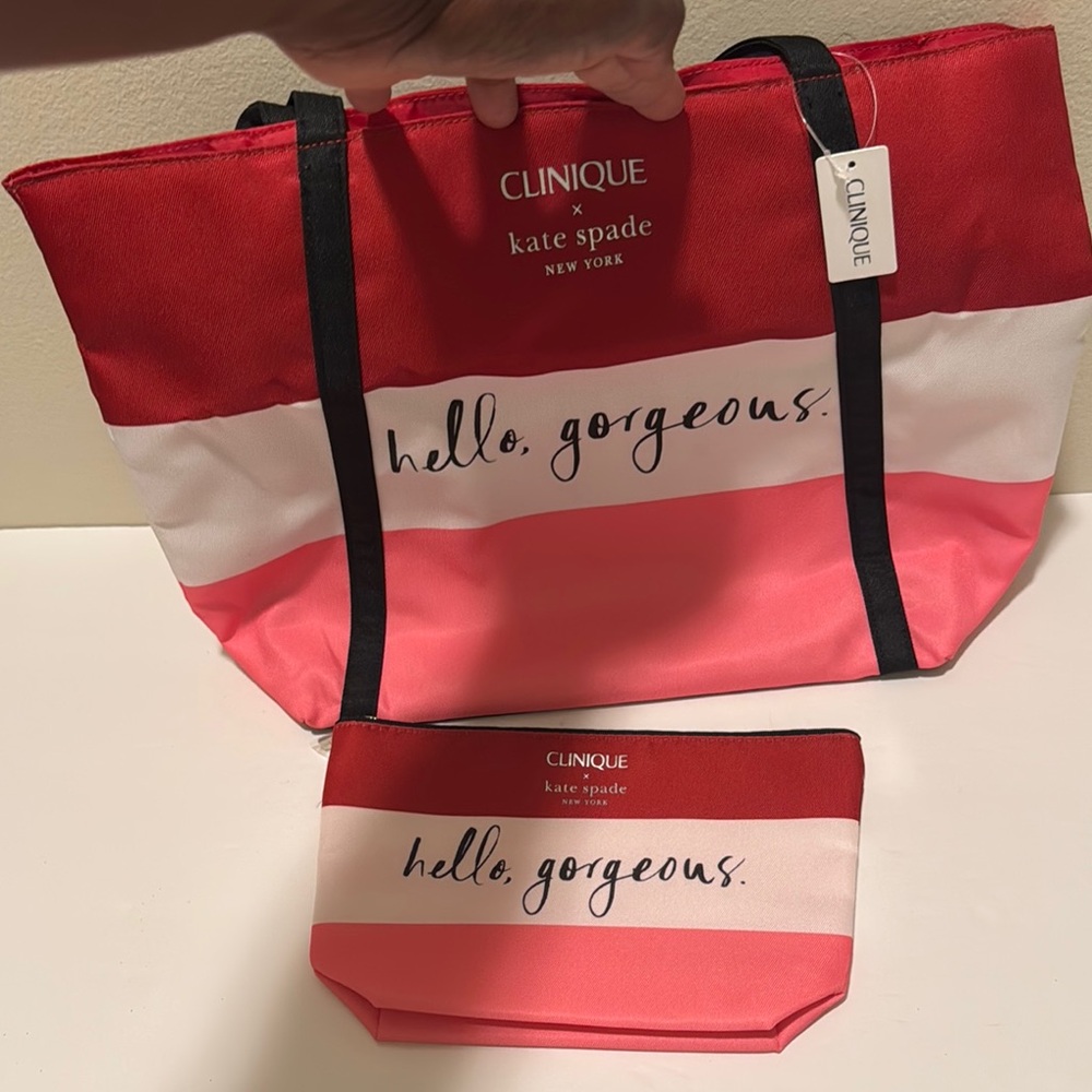 Clinique Kate Spade Red and Pink Canvas Totes with Matching Pouch